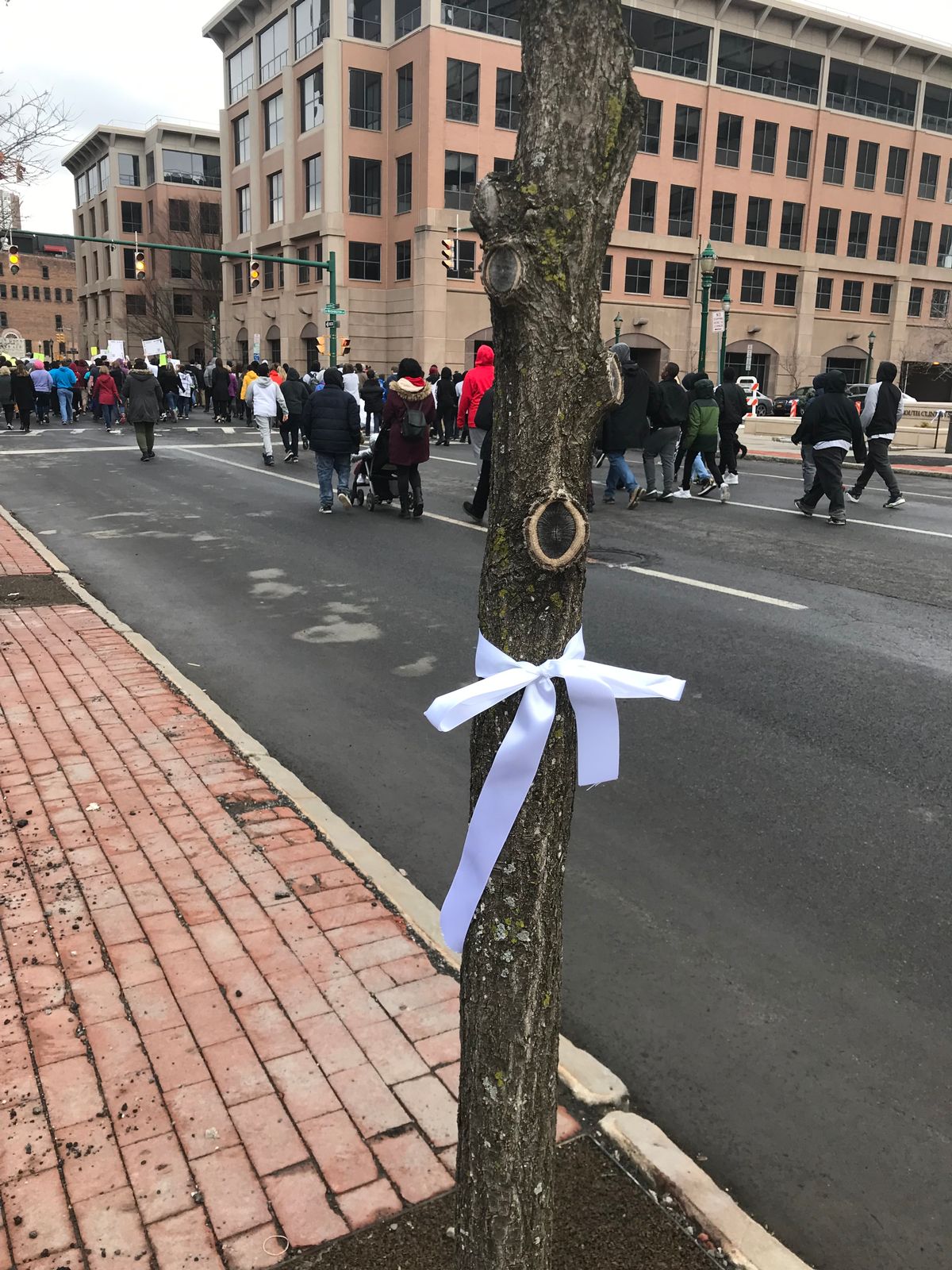Tying white ribbons along the walk route - 
